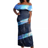 Katherine Johnson Off Shoulder Maxi Dress with Galaxy Background, Hidden No More Quote and Rocket Brain Equation - Wonder Print Shop