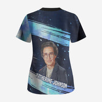 Katherine Johnson Scrub Top with Galaxy Background, Hidden No More Quote and Rocket Brain Equation - Wonder Print Shop