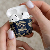 Legend 1976 Vintage Gears and Scrolls Design AirPods Case with Crown Motif in Classic Blue and Beige Retro