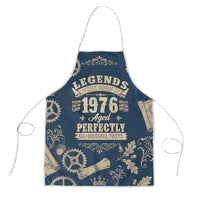 Legend 1976 Vintage Gears and Scrolls Design Apron with Crown Motif in Classic Blue and Beige Retro