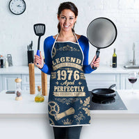 Legend 1976 Vintage Gears and Scrolls Design Apron with Crown Motif in Classic Blue and Beige Retro