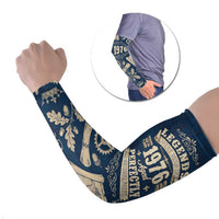 Legend 1976 Vintage Gears and Scrolls Design Arm Sleeves with Crown Motif in Classic Blue and Beige Retro
