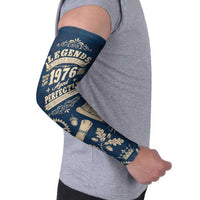 Legend 1976 Vintage Gears and Scrolls Design Arm Sleeves with Crown Motif in Classic Blue and Beige Retro