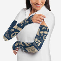 Legend 1976 Vintage Gears and Scrolls Design Arm Sleeves with Crown Motif in Classic Blue and Beige Retro
