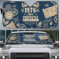 Legend 1976 Vintage Gears and Scrolls Design Auto Sun Shade with Crown Motif in Classic Blue and Beige Retro