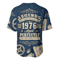Legend 1976 Vintage Gears and Scrolls Design Baseball Jersey with Crown Motif in Classic Blue and Beige Retro