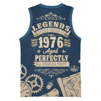 Legend 1976 Vintage Gears and Scrolls Design Basketball Jersey with Crown Motif in Classic Blue and Beige Retro