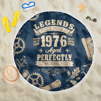 Legend 1976 Vintage Gears and Scrolls Design Beach Blanket with Crown Motif in Classic Blue and Beige Retro