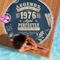 Legend 1976 Vintage Gears and Scrolls Design Beach Blanket with Crown Motif in Classic Blue and Beige Retro