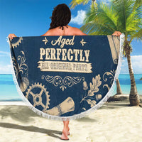 Legend 1976 Vintage Gears and Scrolls Design Beach Blanket with Crown Motif in Classic Blue and Beige Retro