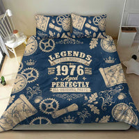 Legend 1976 Vintage Gears and Scrolls Design Bedding Set with Crown Motif in Classic Blue and Beige Retro