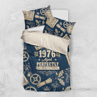 Legend 1976 Vintage Gears and Scrolls Design Bedding Set with Crown Motif in Classic Blue and Beige Retro
