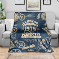 Legend 1976 Vintage Gears and Scrolls Design Blanket with Crown Motif in Classic Blue and Beige Retro