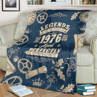 Legend 1976 Vintage Gears and Scrolls Design Blanket with Crown Motif in Classic Blue and Beige Retro
