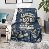 Legend 1976 Vintage Gears and Scrolls Design Blanket with Crown Motif in Classic Blue and Beige Retro