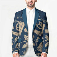 Legend 1976 Vintage Gears and Scrolls Design Blazer with Crown Motif in Classic Blue and Beige Retro