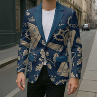 Legend 1976 Vintage Gears and Scrolls Design Blazer with Crown Motif in Classic Blue and Beige Retro