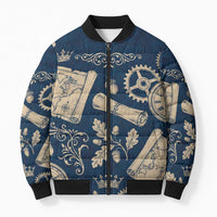 Legend 1976 Vintage Gears and Scrolls Design Bomber Puffer Jacket with Crown Motif in Classic Blue and Beige Retro