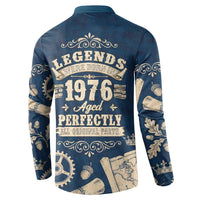 Legend 1976 Vintage Gears and Scrolls Design Button Sweatshirt with Crown Motif in Classic Blue and Beige Retro