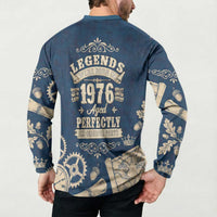 Legend 1976 Vintage Gears and Scrolls Design Button Sweatshirt with Crown Motif in Classic Blue and Beige Retro