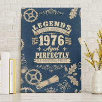 Legend 1976 Vintage Gears and Scrolls Design Canvas Wall Art with Crown Motif in Classic Blue and Beige Retro