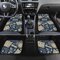 Legend 1976 Vintage Gears and Scrolls Design Car Mats with Crown Motif in Classic Blue and Beige Retro