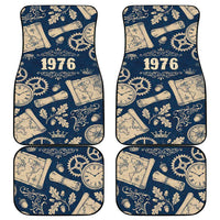 Legend 1976 Vintage Gears and Scrolls Design Car Mats with Crown Motif in Classic Blue and Beige Retro