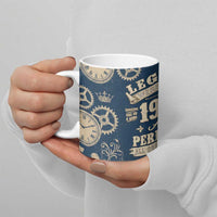 Legend 1976 Vintage Gears and Scrolls Design Ceramic Mug with Crown Motif in Classic Blue and Beige Retro