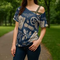 Legend 1976 Vintage Gears and Scrolls Design Cross Shoulder Shirt with Crown Motif in Classic Blue and Beige Retro