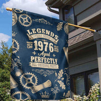 Legend 1976 Vintage Gears and Scrolls Design Garden Flag with Crown Motif in Classic Blue and Beige Retro