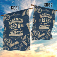 Legend 1976 Vintage Gears and Scrolls Design Garden Flag with Crown Motif in Classic Blue and Beige Retro