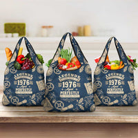 Legend 1976 Vintage Gears and Scrolls Design Grocery Bag with Crown Motif in Classic Blue and Beige Retro