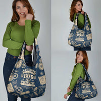 Legend 1976 Vintage Gears and Scrolls Design Grocery Bag with Crown Motif in Classic Blue and Beige Retro