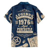Legend 1976 Vintage Gears and Scrolls Design Hawaiian Shirt with Crown Motif in Classic Blue and Beige Retro