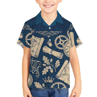 Legend 1976 Vintage Gears and Scrolls Design Hawaiian Shirt with Crown Motif in Classic Blue and Beige Retro