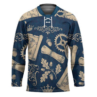 Legend 1976 Vintage Gears and Scrolls Design Hockey Jersey with Crown Motif in Classic Blue and Beige Retro