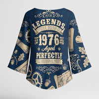 Legend 1976 Vintage Gears and Scrolls Design Kimono Sleeve Blouse with Crown Motif in Classic Blue and Beige Retro