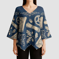 Legend 1976 Vintage Gears and Scrolls Design Kimono Sleeve Blouse with Crown Motif in Classic Blue and Beige Retro
