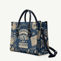 Legend 1976 Vintage Gears and Scrolls Design Leather Bag with Crown Motif in Classic Blue and Beige Retro