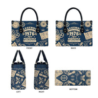 Legend 1976 Vintage Gears and Scrolls Design Leather Bag with Crown Motif in Classic Blue and Beige Retro