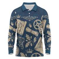 Legend 1976 Vintage Gears and Scrolls Design Long Sleeve Polo Shirt with Crown Motif in Classic Blue and Beige Retro