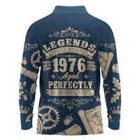 Legend 1976 Vintage Gears and Scrolls Design Long Sleeve Polo Shirt with Crown Motif in Classic Blue and Beige Retro