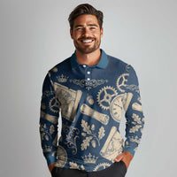 Legend 1976 Vintage Gears and Scrolls Design Long Sleeve Polo Shirt with Crown Motif in Classic Blue and Beige Retro