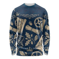 Legend 1976 Vintage Gears and Scrolls Design Long Sleeve Shirt with Crown Motif in Classic Blue and Beige Retro