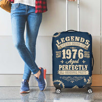Legend 1976 Vintage Gears and Scrolls Design Luggage Cover with Crown Motif in Classic Blue and Beige Retro