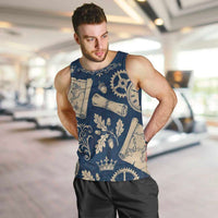 Legend 1976 Vintage Gears and Scrolls Design Men Tank Top with Crown Motif in Classic Blue and Beige Retro