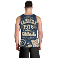 Legend 1976 Vintage Gears and Scrolls Design Men Tank Top with Crown Motif in Classic Blue and Beige Retro