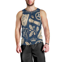 Legend 1976 Vintage Gears and Scrolls Design Men Tank Top with Crown Motif in Classic Blue and Beige Retro