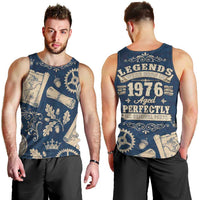 Legend 1976 Vintage Gears and Scrolls Design Men Tank Top with Crown Motif in Classic Blue and Beige Retro
