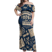 Legend 1976 Vintage Gears and Scrolls Design Off Shoulder Maxi Dress with Crown Motif in Classic Blue and Beige Retro